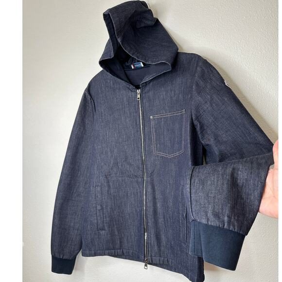 Moncler Maglia Cardigan Dark Wash Denim Blue Zip Hooded Jacket L - Picture 1 of 16